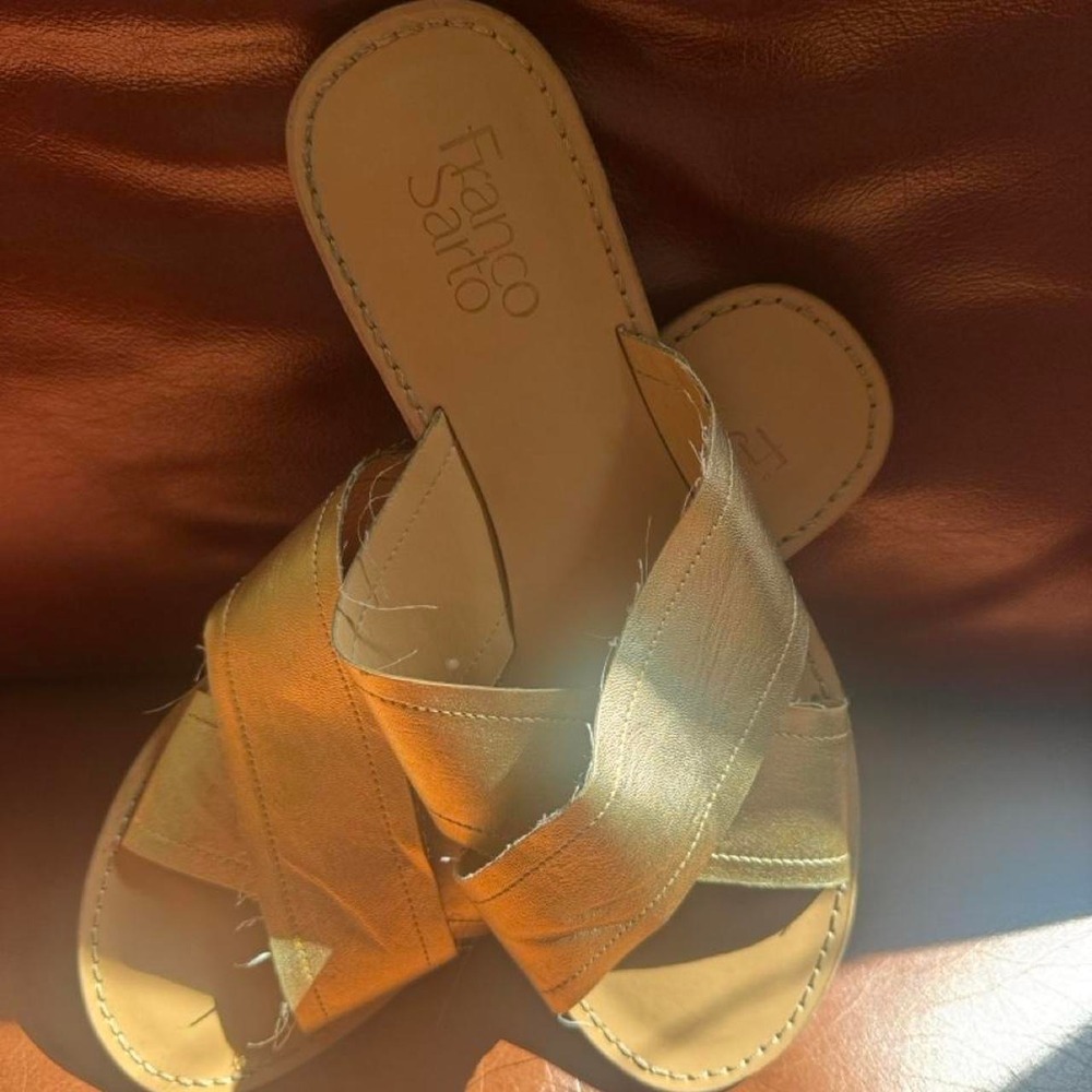Franco Sarto Gold Metallic Leather Crisscross Slide Sandals Flat Mules